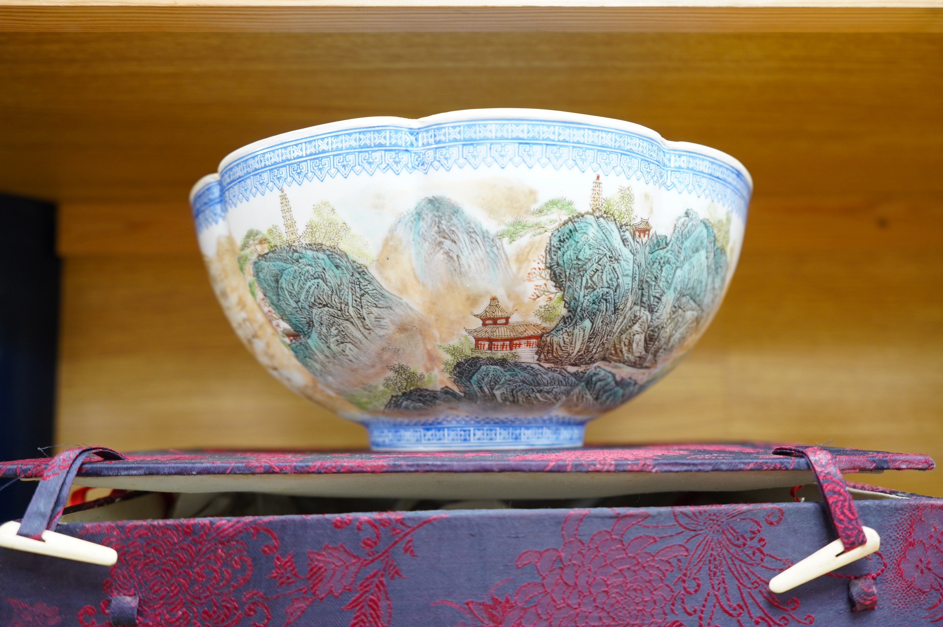 An early to mid 20th century Chinese eggshell porcelain bowl, 27cm diameter, boxed. Condition - good